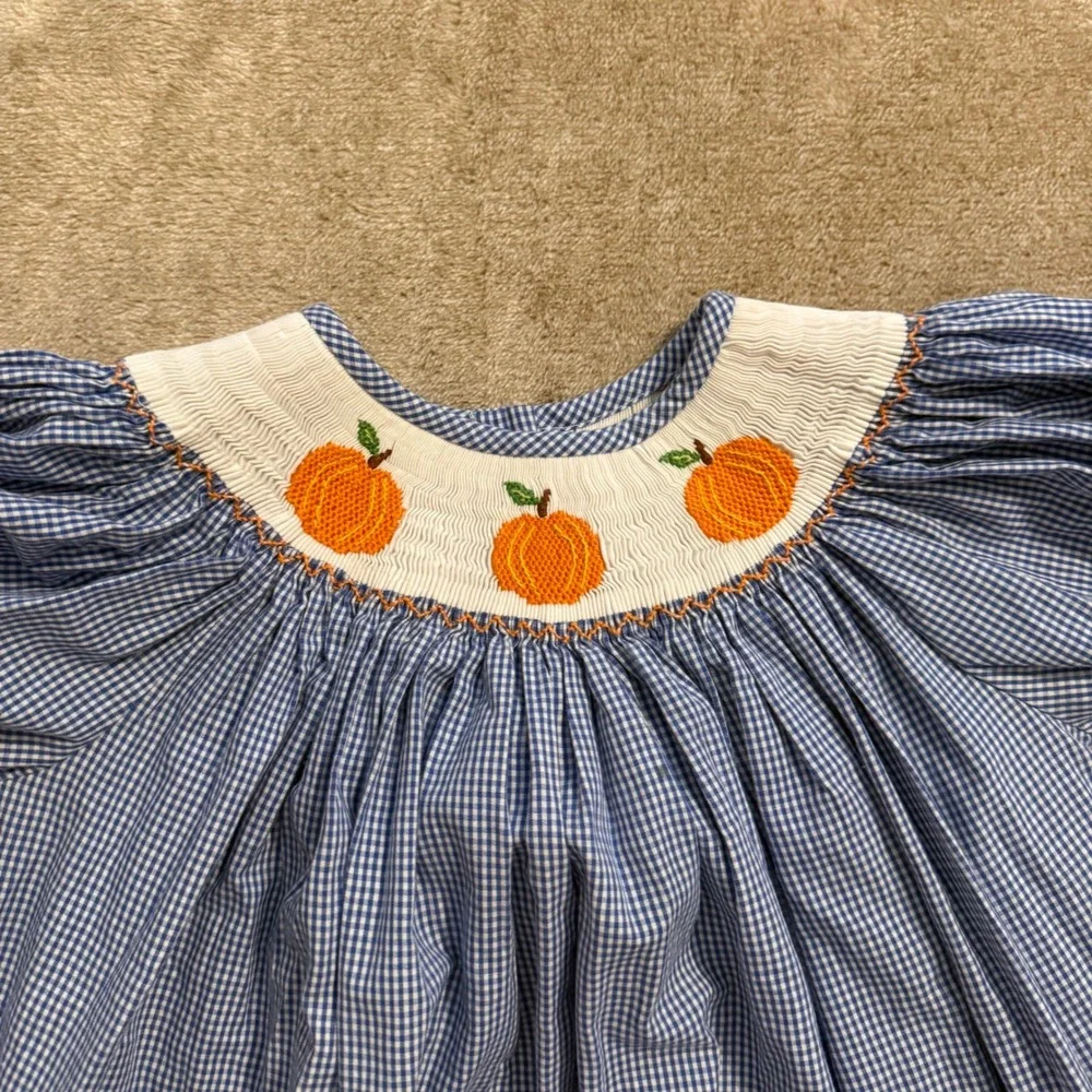 Southern Smocked Company Girls Blue Gingham Pumpkin Smocked Dress Size 5 Fall